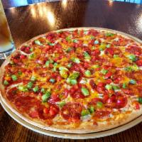 Large Fuzzy's Favorite  · A double layer of pepperoni and mozzarella cheese with classic sauce, fresh red peppers, gre...