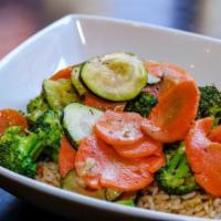 Carrot, Zucchini and Broccoli Stir-Fry · Sauteed with fat-free roasted garlic balsamic and served over brown rice