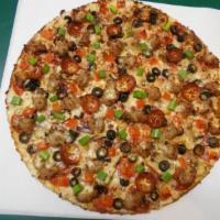 Combination Pizza · Pepperoni, salami, Italian sausage, linguica, beef, mushroom, black olives, green peppers an...