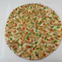 Chicken and Garlic Pizza · Creamy garlic sauce with chicken, mushrooms, green onions, Roma tomatoes and herb seasonings.