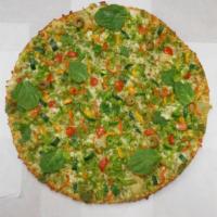 Desi Vegetarian Pizza · pesto sauce,green peppers ,onions,zucchini,tomatoes,jalapenos,garlic, green olives and ginger