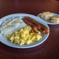 Bacon and Eggs · 2 eggs any style, with side of bacon, choice of hash browns, grits, or rice and choice of ho...
