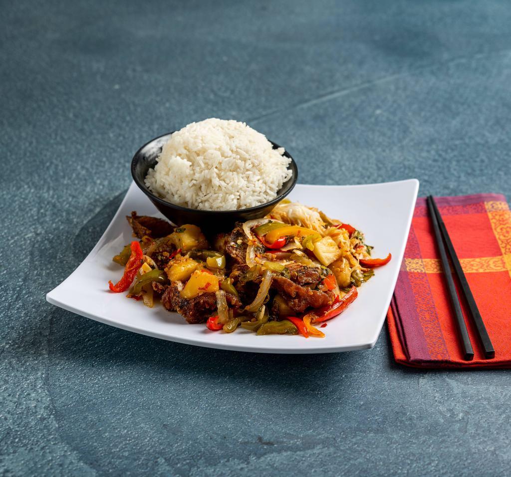 SF2. Three Flavored Fish · Deep fried fish topped with chili, pineapples, onions and our chef’s special 3 flavored red and green bell peppers.