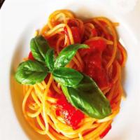 Spaghetti Dei 150 Anni · Organic tomatoes, homegrown basil sauce.