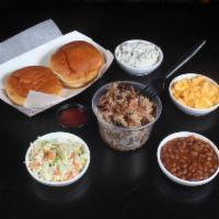 Family Pack · 1.5 lb. of pulled pork or pulled chicken, 4 large sides, 4 pieces of cornbread or buns, 4 ba...