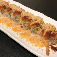 23. Crunch Dragon Roll · Crab meat, shrimp tempura, avocado, cucumber on the inside, spicy tuna on the outside.