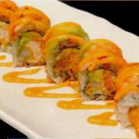 25. Tiger Roll · Shrimp tempura, crab meat and avocado on the inside, shrimp and avocado on the outside.