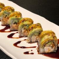 27. Caterpillar Roll · Fresh water eel, crab meat and cucumber on the inside, avocado on the outside.