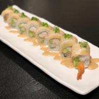 38. Uptown Roll · Crab meat, avocado, shrimp tempura on the inside, escola on the outside.