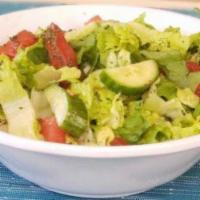 Garden Salad · Romaine lettuce tossed with tomatoes, fresh parsley, chopped cucumbers, and house dressing. ...