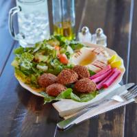Falafel Plate · 5 pieces of crunchy falafel, hummus, small house salad and pickles, served with tahini sauce...