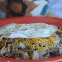 Loaded Hash Browns · 2 eggs cooked your way served on top hash browns cooked with onions, bacon, and cheddar chee...