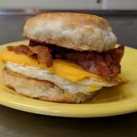 Biscuit Breakfast Sandwich · Fluffy biscuit filled with egg, choice of meat, and cheese.