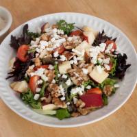 Apple Walnut Salad Lunch · Large salad featuring spring mix topped with walnuts, dried cranberries, diced apple, grape ...