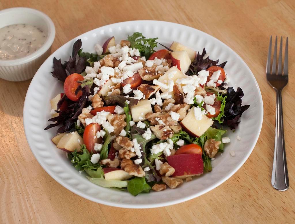 Apple Walnut Salad Lunch · Large salad featuring spring mix topped with walnuts, dried cranberries, diced apple, grape tomatoes, feta cheese and poppyseed dressing.