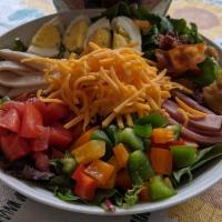 Kasey's Chef Salad Lunch · Large salad topped with diced ham, turkey, bacon, tomato, and bell pepper plus hard-boiled e...