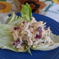 Chicken Salad Lunch · Chicken salad with mayo, dried cranberries, almonds and green onion. Served on lettuce leaf.