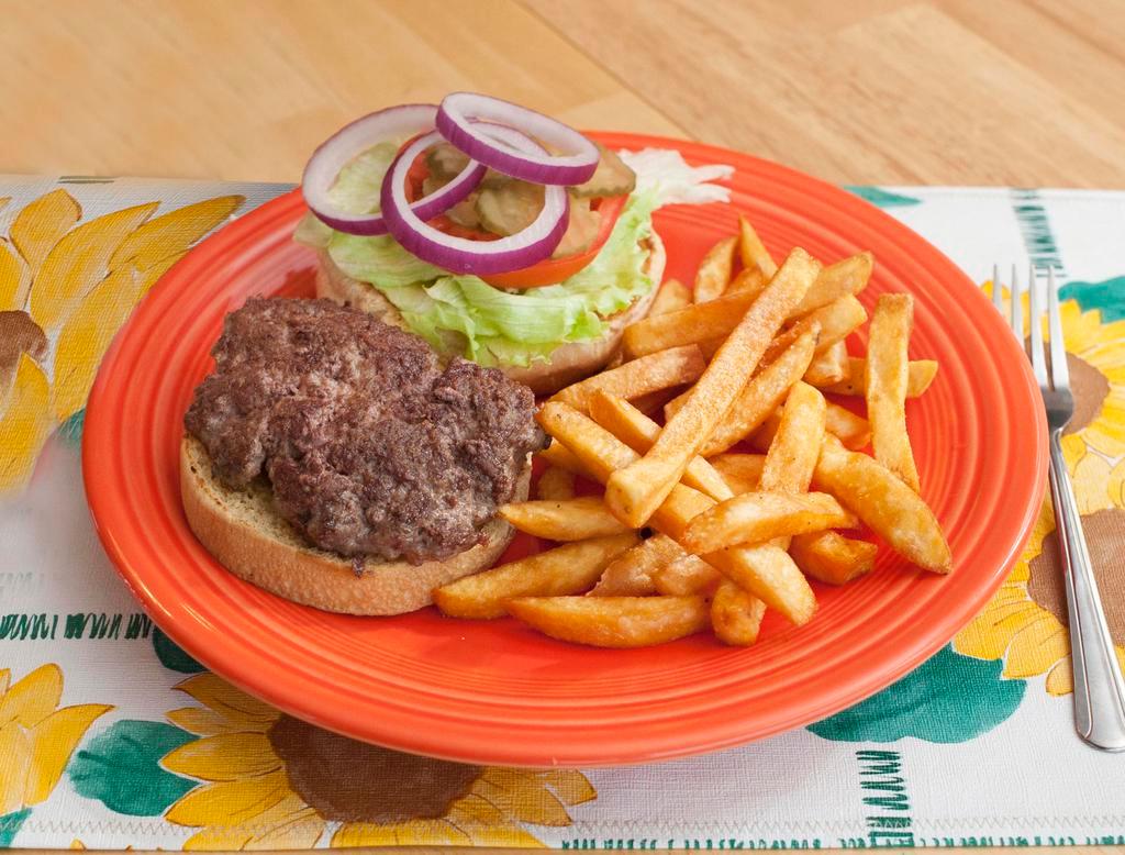 Just a Burger Lunch · 1/3 lb. ground beef patty lightly seasoned dressed with lettuce, onion, tomato and sliced dill pickle. Served with choice of side.