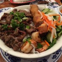 Grilled Mama Seasoned Pork, Grilled Shrimp Noodle · Bun nem nuong tom. Served with lettuce, cucumber, carrot, bean sprout, peanuts, cilantro, gr...
