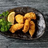 Fried Oysters 揚げカキ · Deep-fried oysters with kushi katsu dipping sauce.