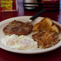 Pork Chop Plate · 1 pork chop served with eggs, hash browns and toast.
