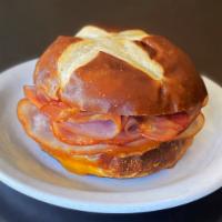 Pretzel Bun Sandwich - Club · Club.  Ham, Turkey, Bacon and Cheese