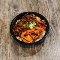 Chicken & Beef Teriyaki Bowl · Fresh grilled teriyaki chicken and beef, over a bowl of steamed rice, topped with homemade t...