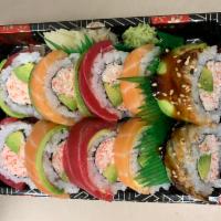 13. Rainbow Roll · Full order. In-crab meat, avocado. Out-tuna, salmon, eel, avocado.