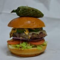 JALAPENO BURGER · Half pound beef patty, pepper jack cheese, fried jalapeno slices, chipotle mayo, lettuce, to...