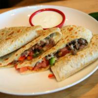 Grilled Veggie Quesadilla · Grilled flour tortilla with roasted peppers, zucchini, onions,  mozzarella cheese, and pico ...