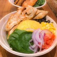  Rice Bowl ( Lunch Special) · Chicken with Rice, Beans, Spinach, Tomato, Red onions, Corn and Sour cream on the side.