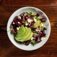 Full Beet Salad · Fresh beets with mixed greens, avocado, chopped peanuts and bleu cheese crumbles. House made...