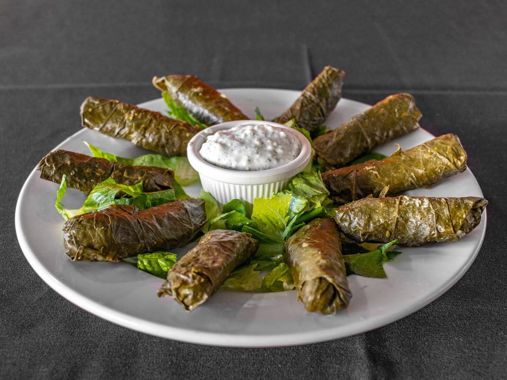 Mahshi Special Dish · 11 grape leaves dolmas stuffed with meat and rice and served with a house salad and yogurt sauce. Rice and salad for an additional charge.
