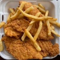 Chicken Tenders · Golden crisp chicken tenders with Fries, served Regular, BBQ or Buffalo Style with your choi...