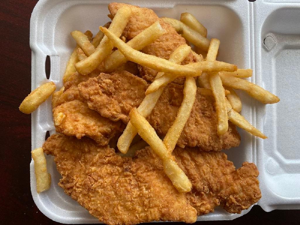 Chicken Tenders · Golden crisp chicken tenders with Fries, served Regular, BBQ or Buffalo Style with your choice of dressing.