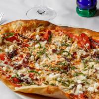 Herb Roasted Chicken · Garlic, roasted tomatoes, caramelized onions, mozzarella, goat cheese