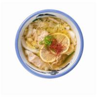 Gyoza Soup · 6 pieces. Pork, chive, ginger, garlic, napa cabbage, chicken broth, sesame, lemon, and bokch...