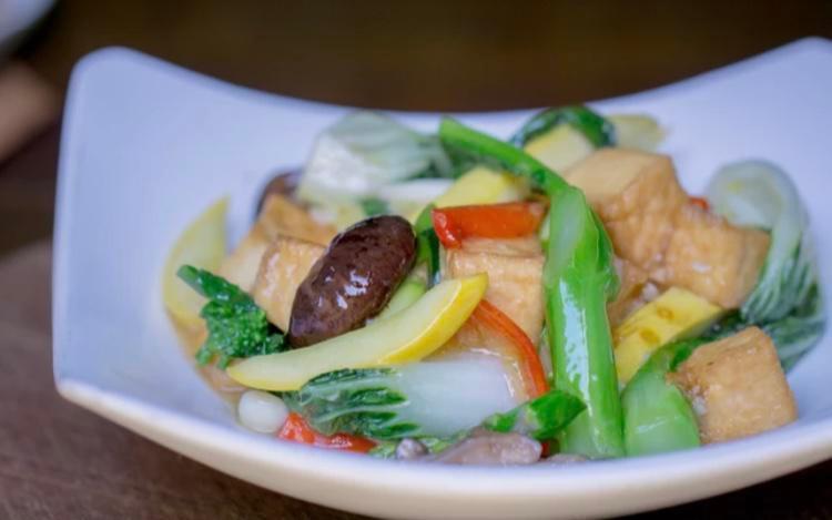 Braised Tofu and Vegetables · Shiitake mushrooms, gai fan, baby bok choy, tofu, squash, garlic wine sauce.