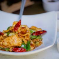Kung Pao Chicken · Chili pods, scallions, roasted peanuts, bell pepper, firecracker sauce.