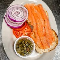 NY Bagel Breakfast Sandwich · Lox, cream cheese, tomato, onion, and capers. Choice of plain, everything or sesame bagel.