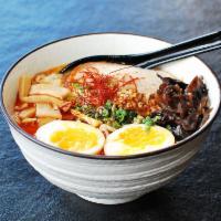 Spicy Roasted Garlic Miso Ramen · Hand made egg noodle, rich pork broth, pork belly, soft boil egg, bamboo shoot, sesame, scal...