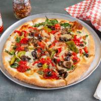 Viggie Pizza  · Onions, mushrooms, peppers, black olives and spinach. 
