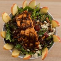 Naked Salmon Salad · Grilled Atlantic Salmon, Spring Mix, Red Grapes, Fuji Apple, Pecans, Feta Cheese, House Bals...