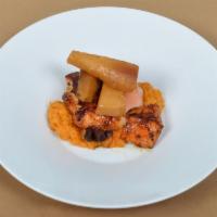 Honey Glazed Wild Salmon · Roasted parsnip and sweet potato mash.