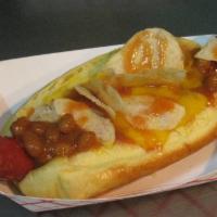 Trailer Park Dog · Baked beans, cheese sauce, hot sauce and BBQ potato chips.