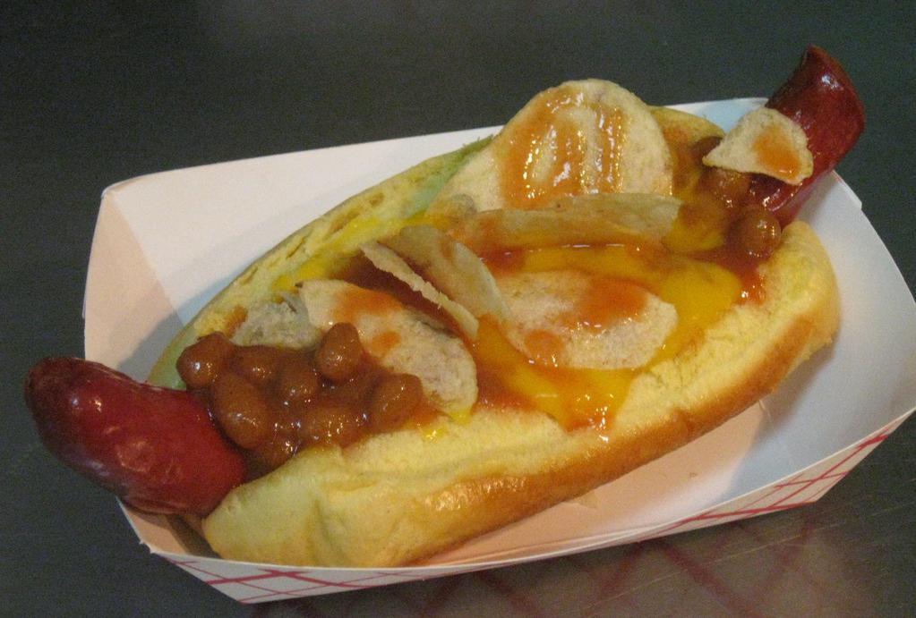 Trailer Park Dog · Baked beans, cheese sauce, hot sauce and BBQ potato chips.