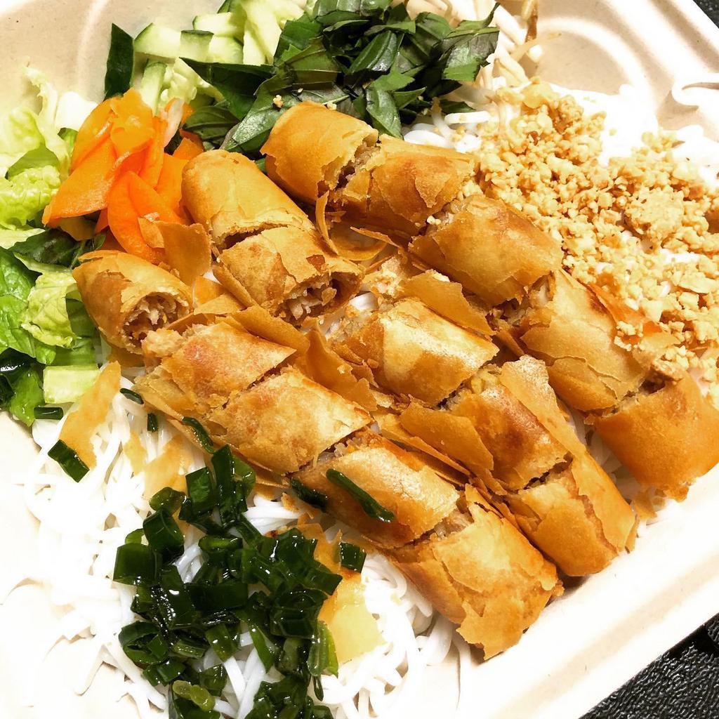 E1. Spring Roll Vermicelli · Lettuce, beansprouts, pickles, basil, cucumber, peanut, onions, served with our home-made fish sauce.