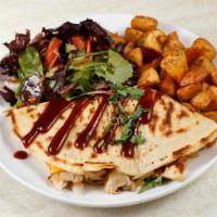 BBQ Chicken Crepe · American cheese, bell peppers, onions, corn, cilantro, and BBQ sauce. Served with rosemary g...