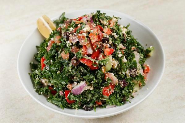 Mediterranean Salad  · DRESSING COMES ON THE SIDE

Kale, quinoa, red onions, Kalamata olives, tomatoes, cucumbers, red bell peppers, feta cheese, and fresh herb mix tossed with lemon and oregano vinaigrette. 