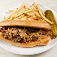 Angus Cheese Steak Sandwich · Grilled angus beef, American cheese, caramelized mushrooms, onions, and peppers on a hoagie ...